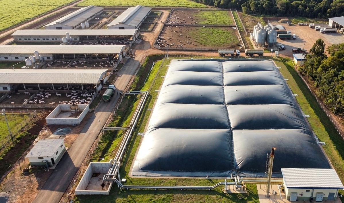 Granja con biodigestores de laguna cubierta operando